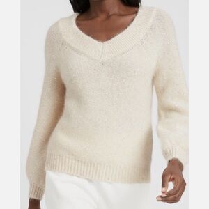 BANANA REPUBLIC Sequin V-Neck Sweater Pullover Cream Wool Alpaca Size Small